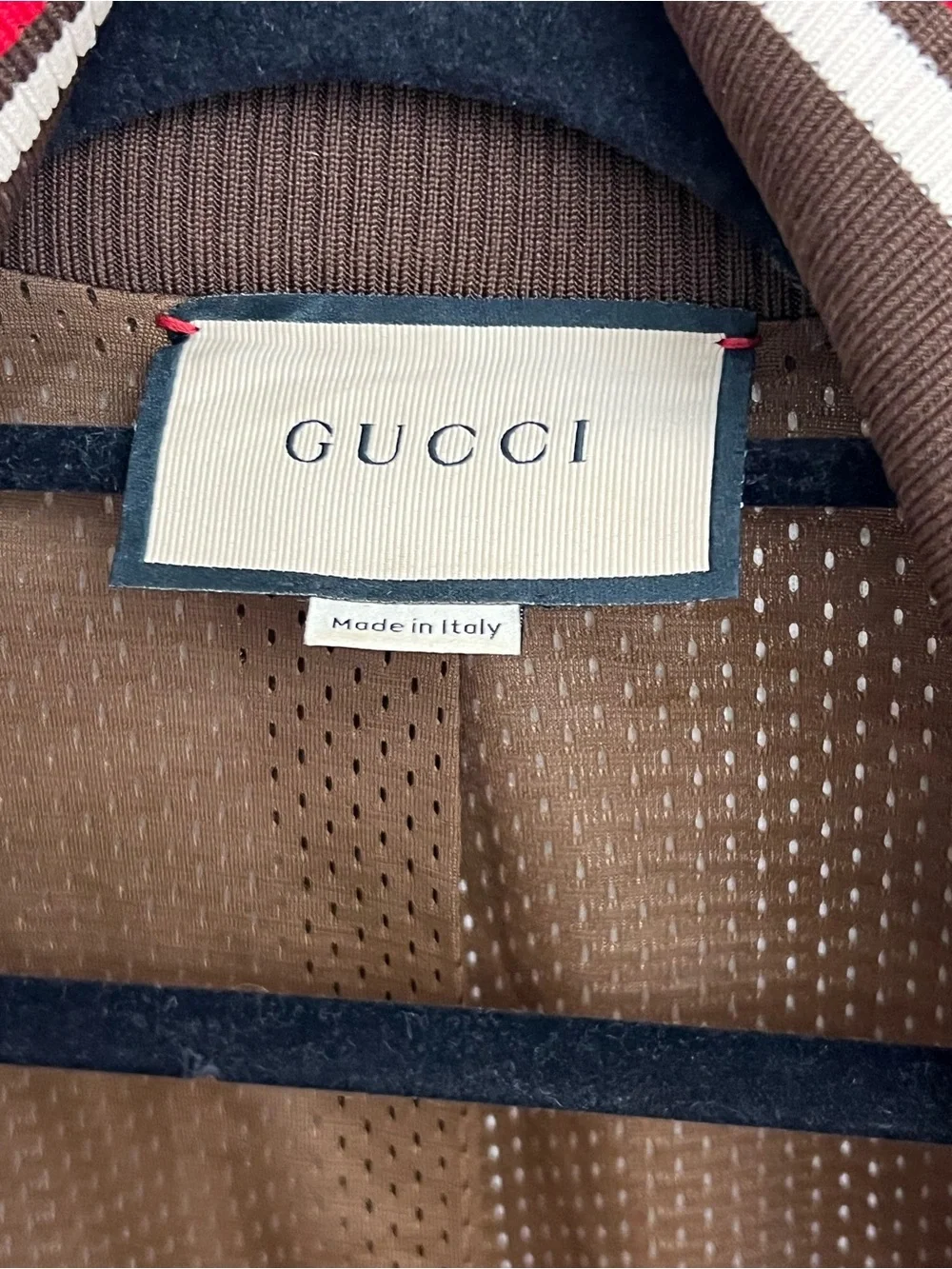 Gucci Metallic Gold GG Monogram Bomber Jacket with Red-White Trim